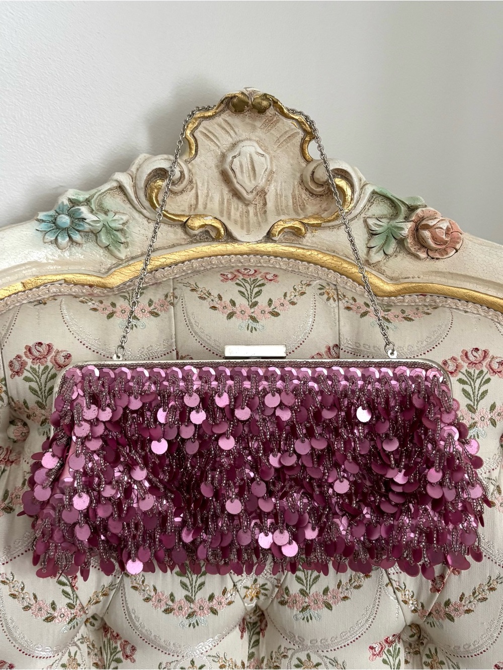 Sequin Beaded Pink Clutch Satin Lined Shoulder Bag Vintage Designer